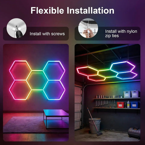 RGB Hexagon Garage Lights 240W 24 Pack LED Honeycomb Ceiling Lights With Music Sync And App Control in home setup