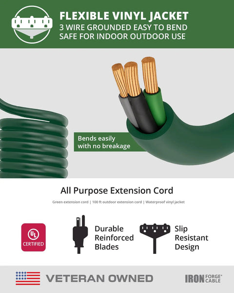 Image of a flexible vinyl jacket showing 100ft Green Outdoor Extension Cord With 3 Outlets 3 Prong, 16/3 SJTW for indoor and outdoor use.