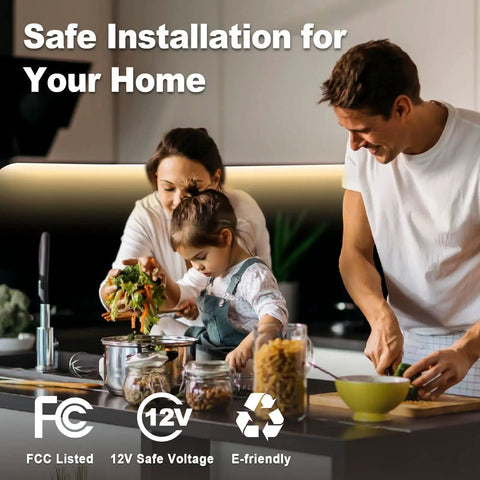 Family cooking in kitchen with Under Cabinet LED Lighting Kit With 20 Foot Run, Six Dimmable Strip Lights From 2700K Warm White