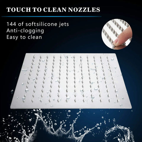 All Metal Rain Shower Head With Goose Neck Arm Large 12 Inch Square Rainfall Showerhead showing easy-clean silicone nozzles