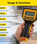 Sleek Digital Readout Distance Measuring Wheel With Heavy Duty Steel Roller And Crisp Backlit Display For Dead On Measurements And Quick Metric Or Imperial Swaps On Any Hustle Ready Job Site, held in hand showing usage functions.