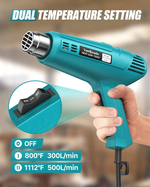 Heavy Duty Heat Gun With Dual Temperature 800F And 1112F, shown with settings and ergonomic grip, Pro Grade Hot Air Tool Kit