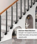 Bulletproof Outdoor Step Side Mounted Railings Featuring Tough As Nails Wrought Iron Garden Guardrail Posts For Secure Deck Balusters and Sleek Modern Industrial Stairway Columns In No Fuss Weather Proof Build, with black wrought iron balusters on a staircase.