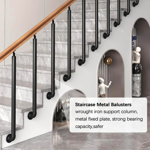 Tough As Nails Wrought Iron Step Railing With Heavy Duty Balusters For Outdoor Decks And Backyards Rock Solid 95 Cm side mounted guardrail posts on staircase.