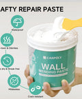 Person applying Carpoly wall mending paste with spatula from a 1kg tub, showcasing features like waterproof and non-toxic properties.