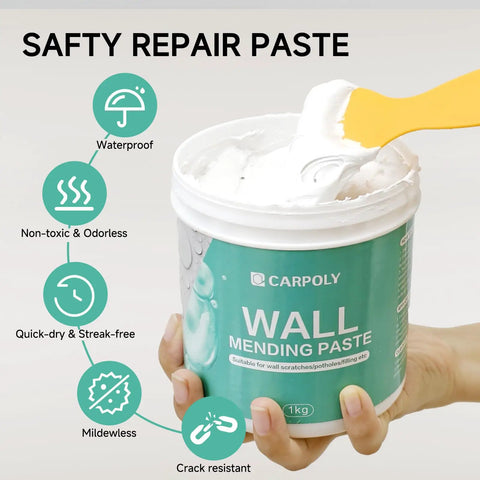 Person applying Carpoly wall mending paste with spatula from a 1kg tub, showcasing features like waterproof and non-toxic properties.