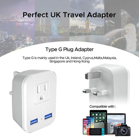 Type G Travel Plug Adapter With 2 USB Ports And 1 AC Outlet For US To UK England Ireland Scotland Hong Kong Kenya Dubai And More Your Go To Travel Charger Converter For Global Trips And Home Use, with device compatibility shown