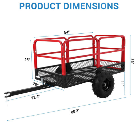 Product dimensions of Beefy Heavy Duty Yard Trailer For ATV UTV Tow Dump Cart With 1600 Lbs Capacity, 22 Cu Ft, removable sides