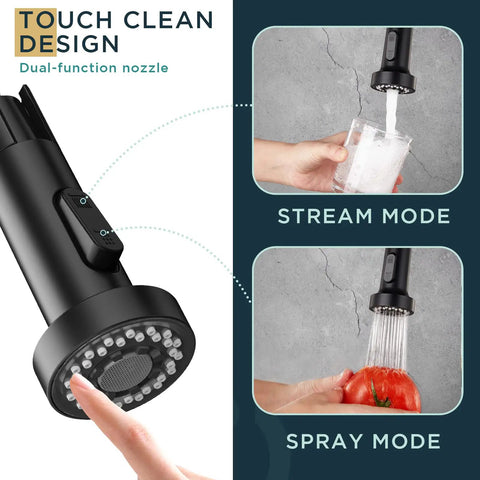 Black Kitchen Faucet With Pull Down Sprayer, Single Handle Sink Faucet with dual-function nozzle showing stream and spray modes