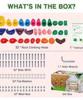 32 Piece Rock Climbing Holds Set For Kids And Adults with colorful wall grips, mounting hardware, instructions, and gift box.
