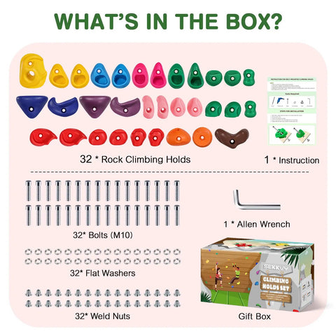 32 Piece Rock Climbing Holds Set For Kids And Adults with colorful wall grips, mounting hardware, instructions, and gift box.