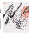 Hand sketch of teddy bear using STA pigment liner pens on a drawing depicting a child and teddy bear walking together.