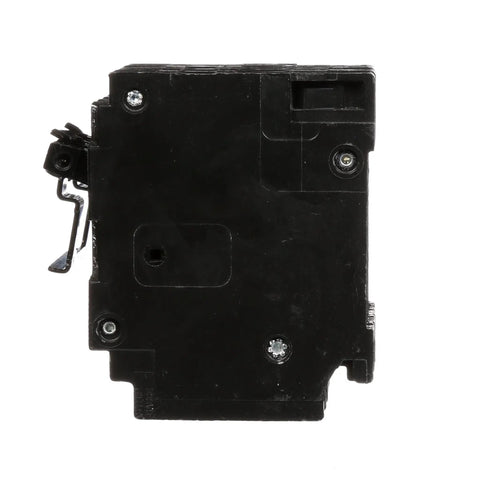 Q22020CT2 Two 20 Amp Double Pole Circuit Breaker For Space Saving Plug In Quadplex One Half Inch Frame UL Listed DIY Friendly Panel Upgrades And Home Wiring black breaker side view