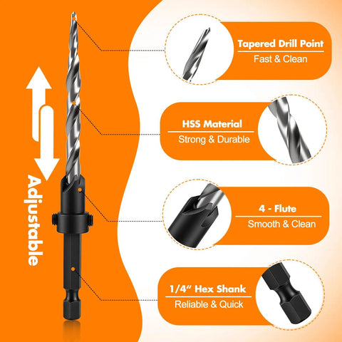 Kickstart Your Shop Projects With This 5 Piece High Speed Steel Countersink Drill Bit Set showing tapered drill point and 1/4" hex shank.