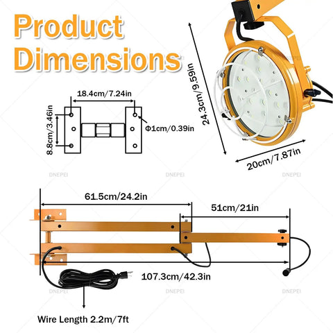 Dimensions diagram of Universal LED Loading Dock Light Heavy Duty 30W Or 50W 3600 Lumens To 6000 Lumens with double swing arm