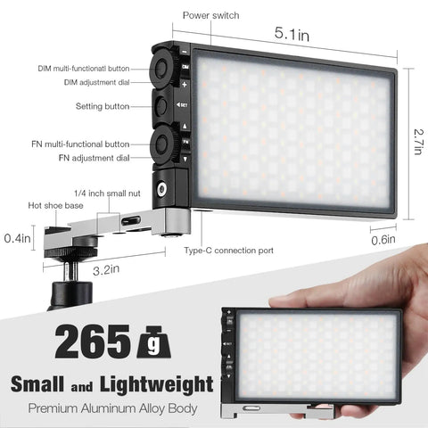 G1s RGB Video Light With App Control, 12W Portable LED Camera Light showing dimensions and aluminum alloy body