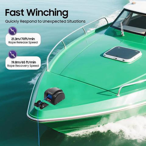 Top Notch 45 Lb Electric Anchor Winch For Boats With Remote Control on a green boat, showcasing fast winching capabilities.