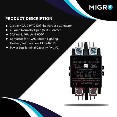 Heavy Duty 2 Pole 40 Amp AC Contactor With 24 Volt Coil, showcasing specifications and front view of the unit.