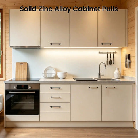 Modern kitchen with 10 Pack 5 Inch Cabinet Pulls Matte Black Zinc Alloy Handles For Kitchen Cabinets, no drilling required.