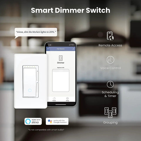 Smart Dimmer Switch With Neutral Wire Required Works With Alexa And Google Assistant 2.4GHz WiFi interface with phone app in kitchen