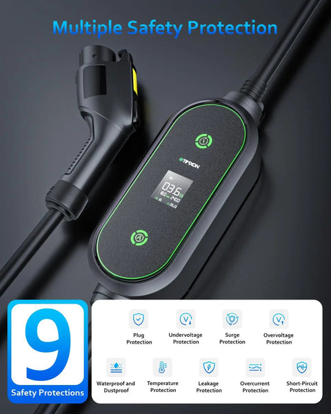 Portable Level One and Level Two EV Charger ETL Certified 12 and 16 Amp 110 to 240 Volt with 25 Foot Extension Cable features 9 safety protections