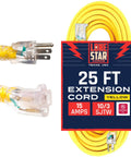 10 Gauge Heavy Duty Lighted Plug Outdoor Extension Cord 25 Ft Yellow Weatherproof with clear connectors and packaging