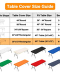 Table cover size guide showing table shapes, cover sizes, fit table sizes, and color options for 6-foot tables and various shapes.