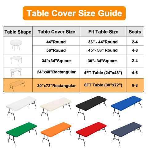 Table cover size guide showing table shapes, cover sizes, fit table sizes, and color options for 6-foot tables and various shapes.