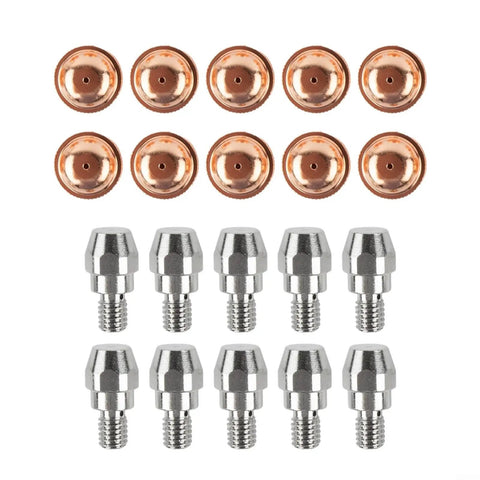 20 Pack Plasma Cutter Consumables Kit With 743.0441 Electrode And 743.0132 Nozzles For PSB60 PSB121 Torch showing copper nozzles and silver electrodes.