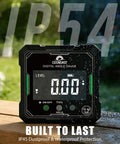 Digital Angle Finder With Dual Hella Bright Green Lasers And Rugged Magnetic Base Four Side Layout Gauge For Carpenters And Floor Layers Getting Slick Measurements Without Any Fuss, waterproof design in use.