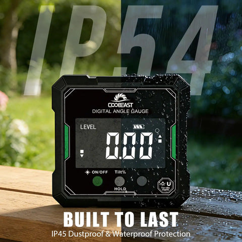 Digital Angle Finder With Dual Hella Bright Green Lasers And Rugged Magnetic Base Four Side Layout Gauge For Carpenters And Floor Layers Getting Slick Measurements Without Any Fuss, waterproof design in use.