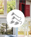 Hook and Eye Latch for Gate Cabinet Door Window Stainless Steel Lock with window backdrops and product detail.