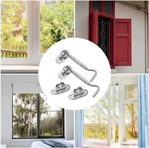 Hook and Eye Latch for Gate Cabinet Door Window Stainless Steel Lock with window backdrops and product detail.