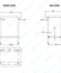 Front and side view dimensions of 24 Inch By 30 Inch Heavy Duty Stainless Steel Work Table With Open Base For Commercial Kitchens And Garage Workshops.