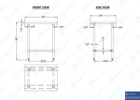 Front and side view dimensions of 24 Inch By 30 Inch Heavy Duty Stainless Steel Work Table With Open Base For Commercial Kitchens And Garage Workshops.