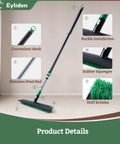 Extra Wide Floor Scrub Brush With Long Telescoping Handle 15 Inch Wide Deck Head 2 In 1 Scrubber Stiff Bristles And Rubber Squeegee For Bathroom Shower Kitchen Patio Garage shown with labels for convenient hook, buckle installation, rubber squeegee, stainless steel rod, stiff bristles on wooden floor background.
