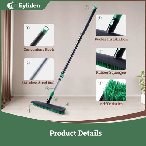 Extra Wide Floor Scrub Brush With Long Telescoping Handle 15 Inch Wide Deck Head 2 In 1 Scrubber Stiff Bristles And Rubber Squeegee For Bathroom Shower Kitchen Patio Garage shown with labels for convenient hook, buckle installation, rubber squeegee, stainless steel rod, stiff bristles on wooden floor background.