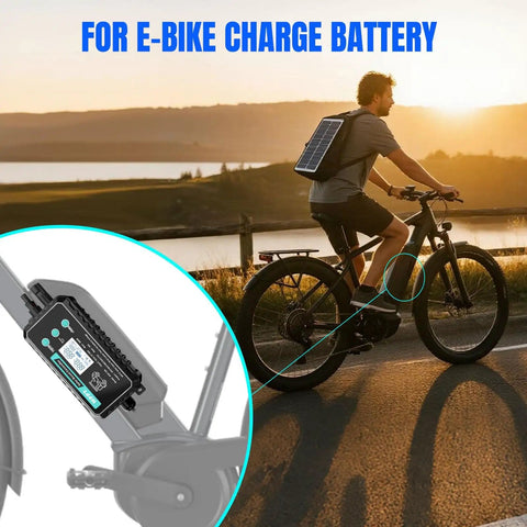 E-bike with solar panel backpack using Beefy Waterproof Boost MPPT Solar Charge Controller 12V-48V Up To 250W Panel