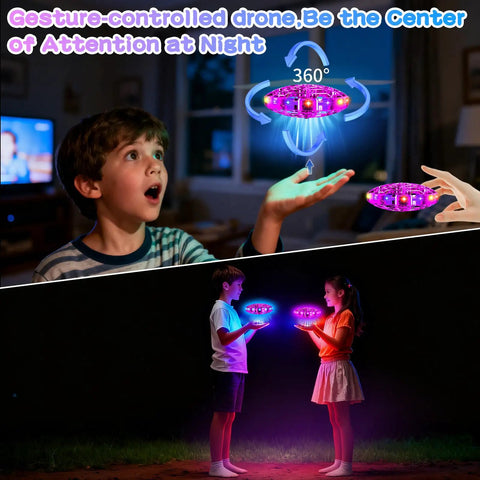 Boy playing with Hand Operated UFO Drone For Kids Aerial Flying Ball With Gesture Control And 360 Flip indoors, purple glowing