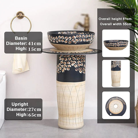 UYTROPLK Ceramic Bathroom Sink Retro Industrial Style Pedestal Ceramics Basin with floral design, 41cm diameter basin.