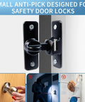 Heavy Duty 90 And 180 Degree Flip Barn Door Lock in black zinc alloy, shown installed, highlighting anti-pick design for safety.