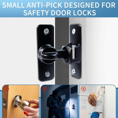 Heavy Duty 90 And 180 Degree Flip Barn Door Lock in black zinc alloy, shown installed, highlighting anti-pick design for safety.