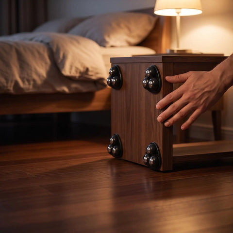 12pcs Black 360 Degree Swivel Casters for Furniture and Storage on a wooden nightstand, showing silent operation and swivel design.