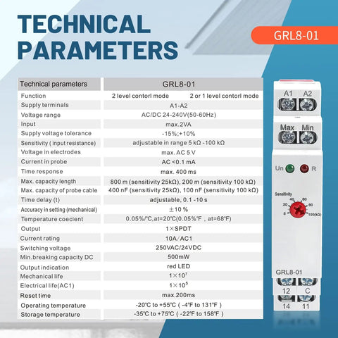 Water Level Sensor Control Relay 10A For DIN Rail AC/DC 24V-240V shown with technical parameters and GRL8-01 model details.