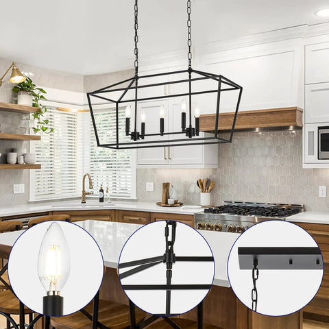 Farmhouse Five Light Candle Pendant Chandelier in Matte Black for dining room, with adjustable 59 inch chain, installed