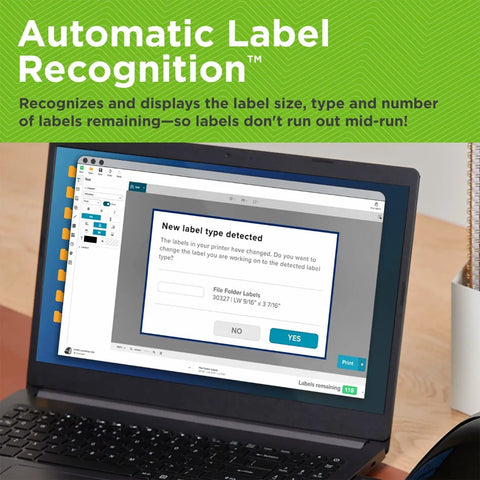 Laptop screen showing LabelWriter 550 Turbo Direct Thermal Label Printer's automatic label recognition feature in action