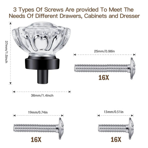 Matte Black Glass Cabinet Knobs Set With Crystal Vintage Drawer Pulls dimensions and screws shown in image