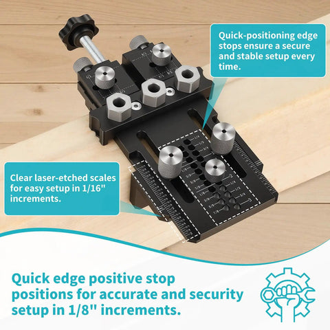 Self Centering Dowel Jig Kit With 1/4 3/8 1/2 Drill Bushings For Flawless Woodworking Joints Hassle Free Diy Furniture Assembly Cabinet Making with laser-etched scales on wood.