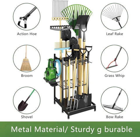 Heavy Duty Garden Tool Storage Rack With Wheels And Hooks Metal Organizer Stand holding various tools