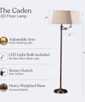 Caden LED Floor Lamp With Swing Arm Tall Bronze Standing Light For Living Room Office Or Bedroom Reading Classic Industrial Design